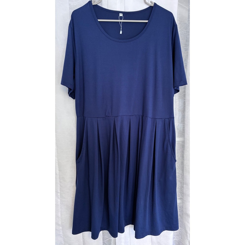 Navy Blue Pleated Empire Waist‎ T-Shirt Dress with Pockets Plus Size 22W